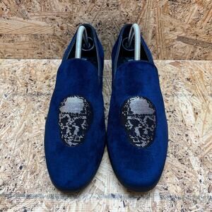 Inc Nova Sequin Skull Graphic Navy Velvet  Loafer Mens 8.5M Slipper Shoes